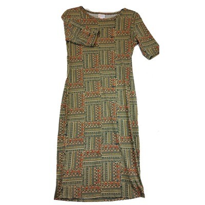 LuLaRoe JULIA Small S Green, Orange and Yellow Quilt Geometric Stripe Pattern Form Fitting Dress fits sizes 4-6
