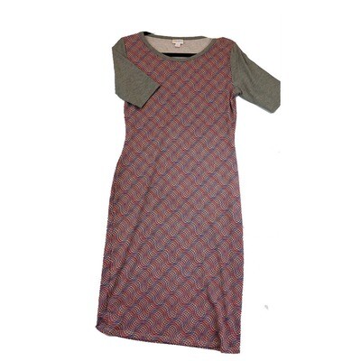 LuLaRoe JULIA Small S Blue Red and Grey Trippy Geometric Stripe Form Fitting Dress fits sizes 4-6