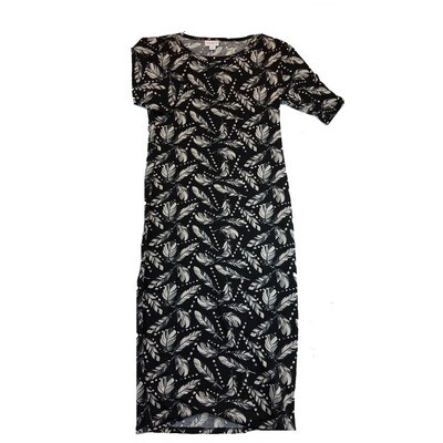 LuLaRoe JULIA X-Small XS Black With Cream, Grey and White Feathers Polka Dots Form Fitting Dress fits sizes 2-4