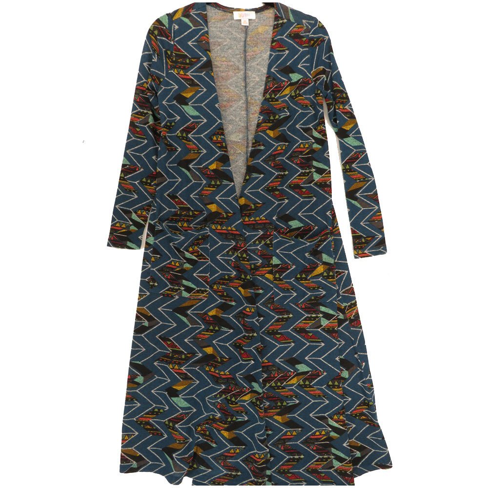 LuLaRoe SARAH X-Small XS Zig Zag Geometric Stripe Turquoise Black Dirty Gold Cardigan fits Womens sizes 0-4