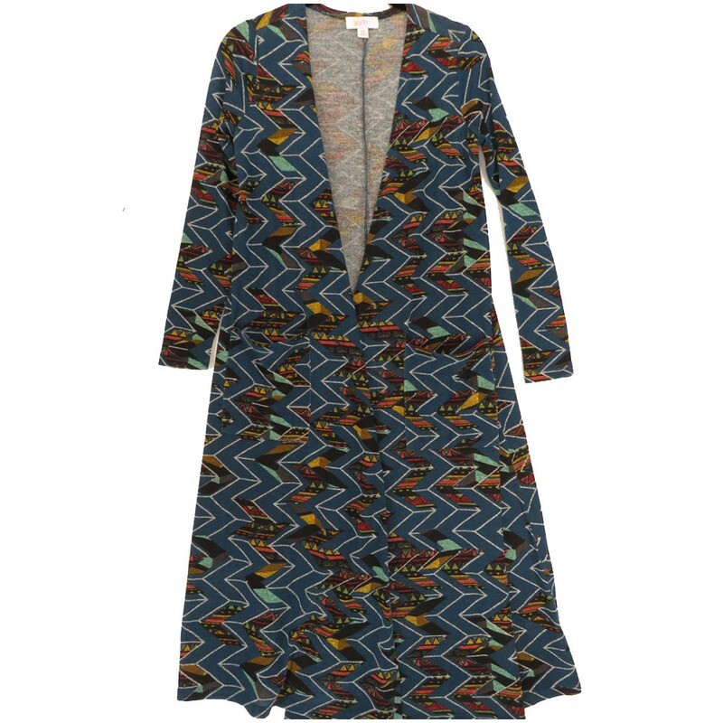 LuLaRoe SARAH X-Small XS Zig Zag Geometric Stripe Turquoise Black Dirty Gold Cardigan fits Womens sizes 0-4