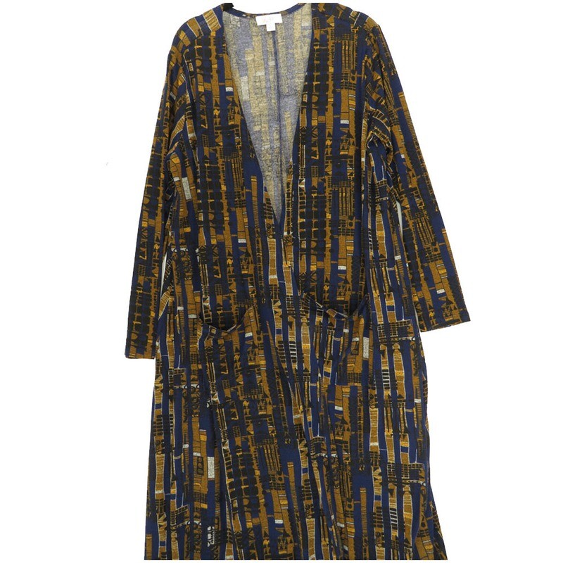 LuLaRoe SARAH Large L Geometric Vertical Stripe Navy Brown White Cardigan fits Womens sizes 14-16