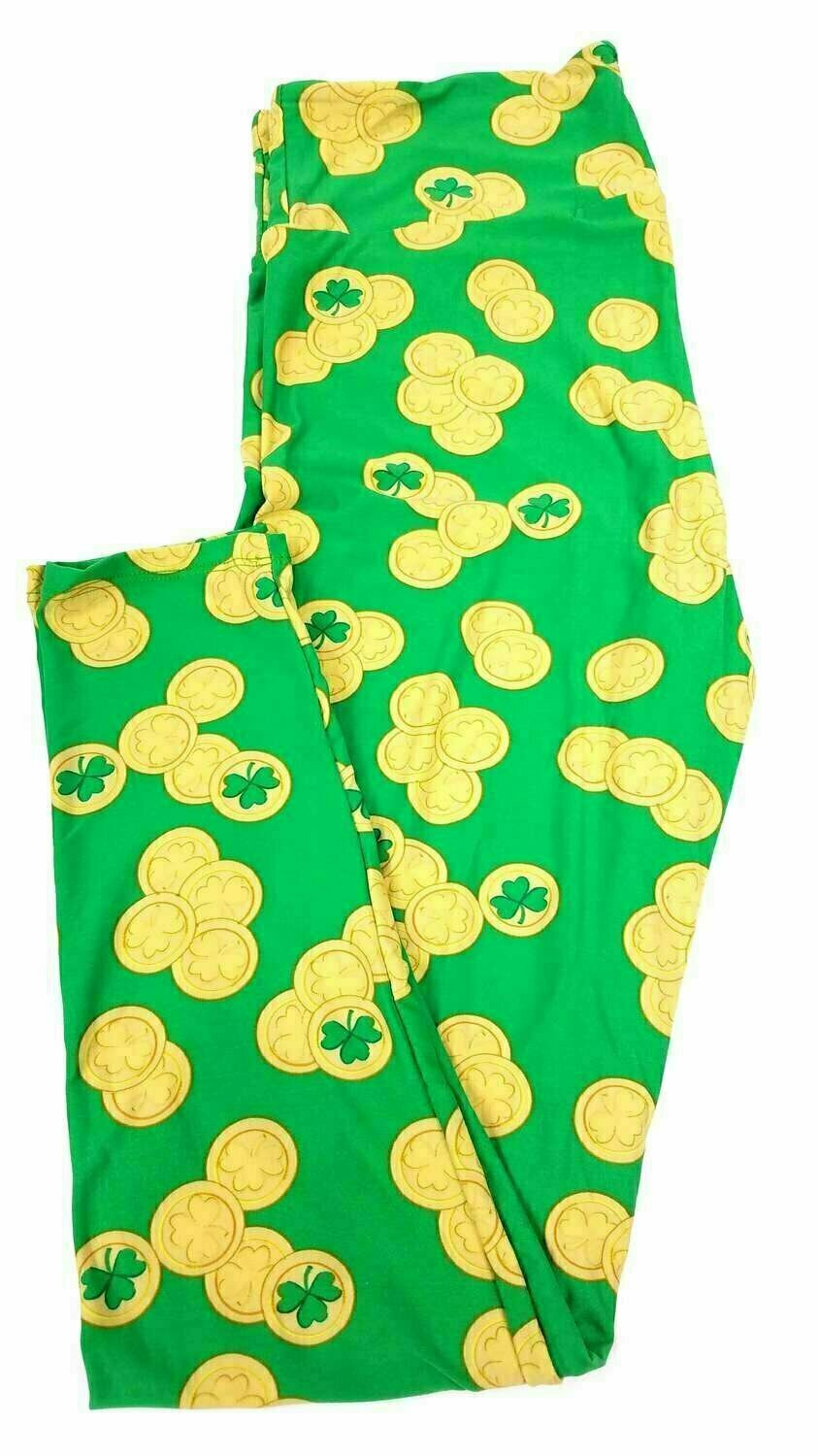 LuLaRoe One Size OS Gold Shamrock Coins Lucky Irish St Patricks Notre Dame Green Leggings fits 2-10