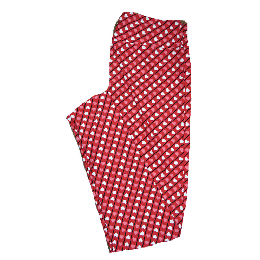 LuLaRoe Tall Curvy TC Red with Diagonal Thin Black Stripes w/ Pink and White Polka Dot Hearts Love Valentines Leggings (TC fits Adults 12-18) TC-7211-C