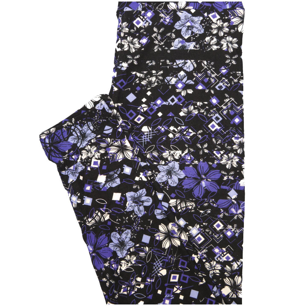 LuLaRoe One Size OS Black Purple White Blue Floral Geometric Buttery Soft Leggings - OS fits Adults 2-10