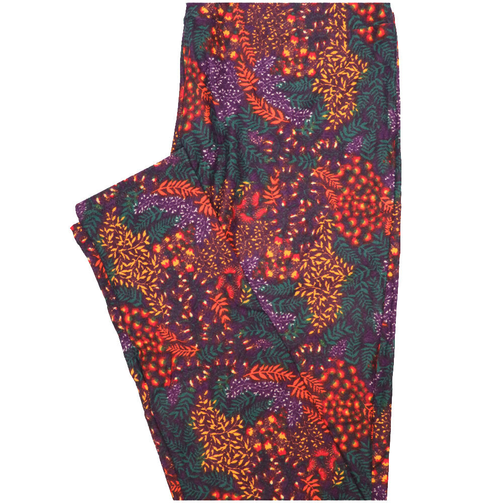 LuLaRoe One Size OS Dark Green Orange Purple Floral Buttery Soft Leggings - OS fits Adults 2-10