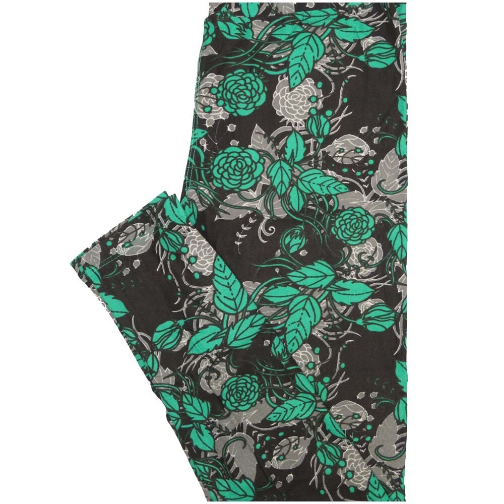 LuLaRoe One Size OS Black Mint Green Gray Floral Buttery Soft Leggings - OS fits Adults 2-10