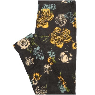 LuLaRoe One Size OS Black Yellow Black Cream Floral Buttery Soft Leggings - OS fits Adults 2-10