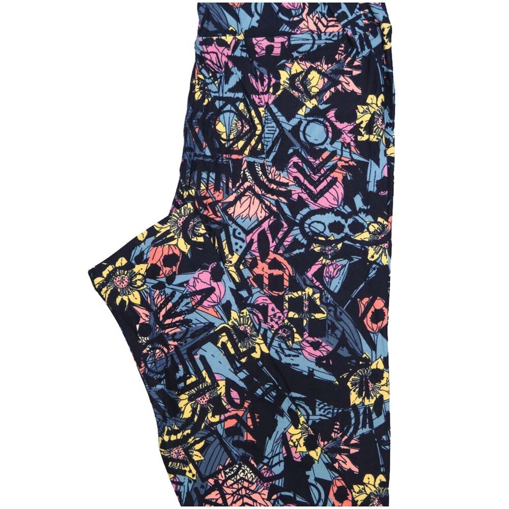 LuLaRoe One Size OS Navy Pink Yellow Blue Floral Geometric Buttery Soft Leggings - OS fits Adults 2-10