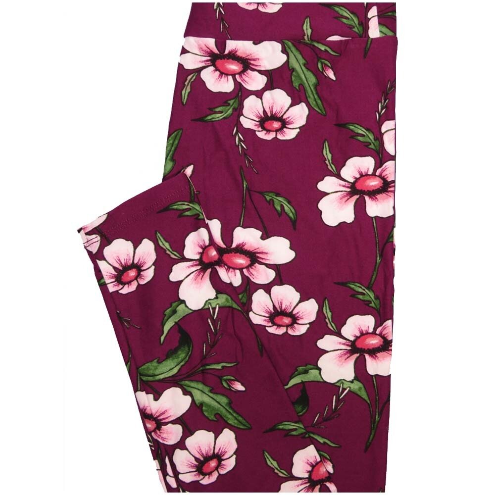 LuLaRoe One Size OS Wine Green Light Pink Floral Buttery Soft Leggings - OS fits Adults 2-10