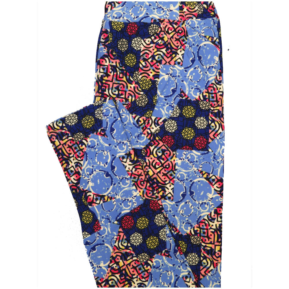 LuLaRoe One Size OS Patchwork Polka Dot loght Blue Dark Blue Red Yellow White Geometric Buttery Soft Leggings - OS fits Adults 2-10