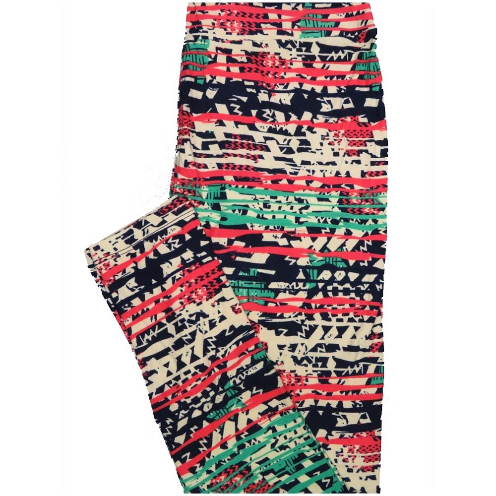 LuLaRoe One Size OS Stripe Black Coral Mint Green Geometric Buttery Soft Leggings - OS fits Adults 2-10
