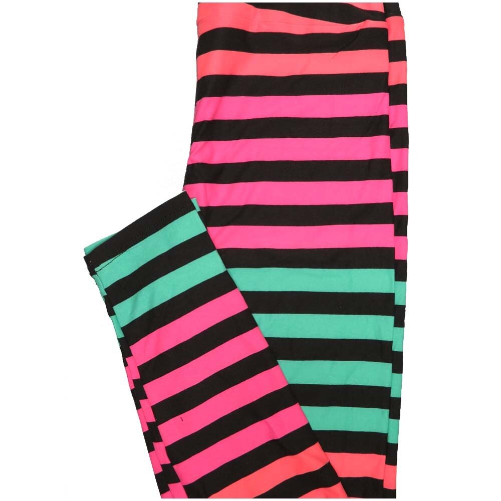 LuLaRoe One Size OS Stripe Black pink Teal Stripe Buttery Soft Leggings - OS fits Adults 2-10