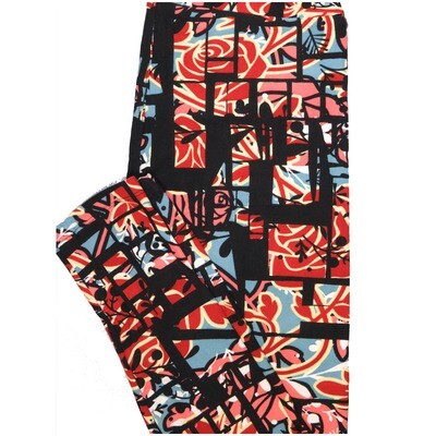LuLaRoe One Size OS Roses Black Light Blue Red Geometric Buttery Soft Leggings - OS fits Adults 2-10