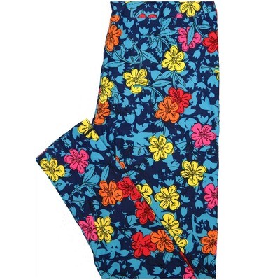 LuLaRoe One Size OS Blue Yellow Orange Pink Floral Buttery Soft Leggings - OS fits Adults 2-10