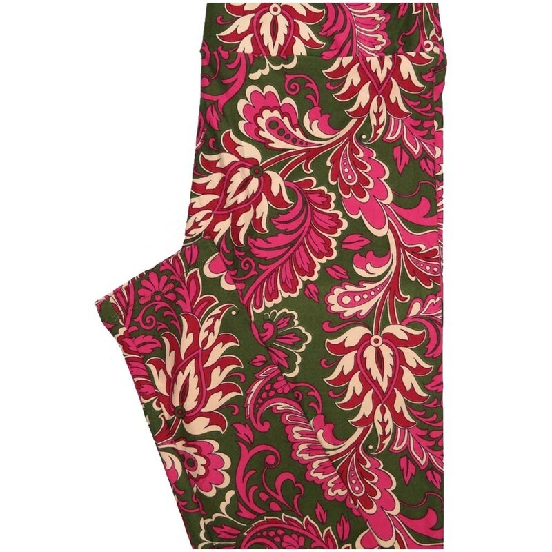 LuLaRoe One Size OS Dark Green Fucshia Cream Floral Buttery Soft Leggings - OS fits Adults 2-10