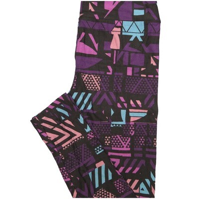 LuLaRoe One Size OS Black Purple Pink Blue Geometric Buttery Soft Leggings - OS fits Adults 2-10