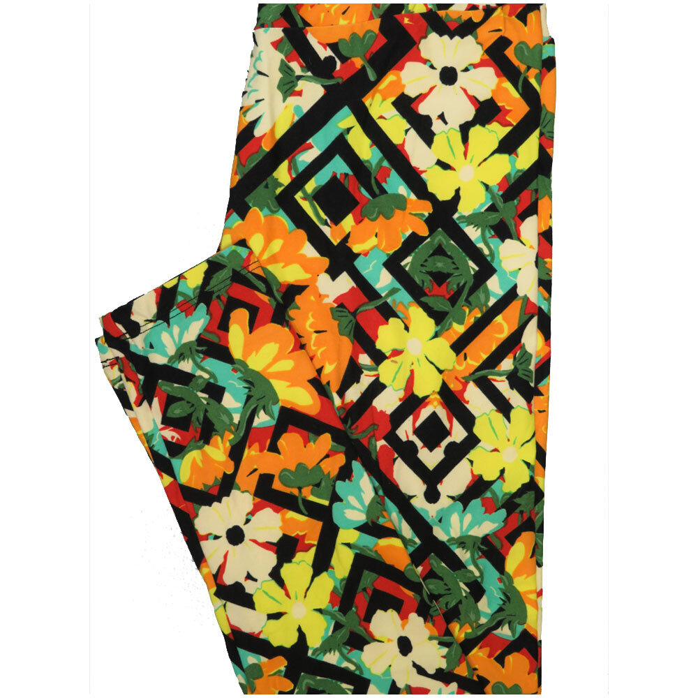 LuLaRoe One Size OS Floral Maze Black Yellow White Red Geometric Leggings (OS fits Adults 2-10)