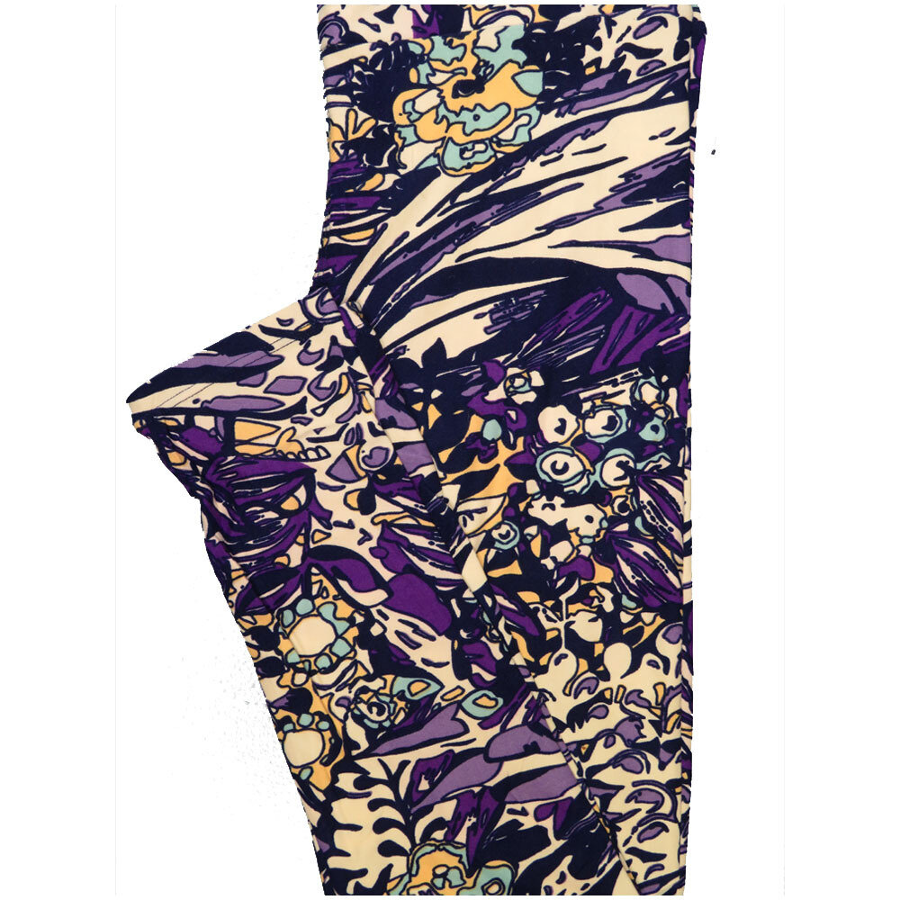LuLaRoe One Size OS Abstract Floral Blue Purple Cream Yellow Black Leggings (OS fits Adults 2-10)