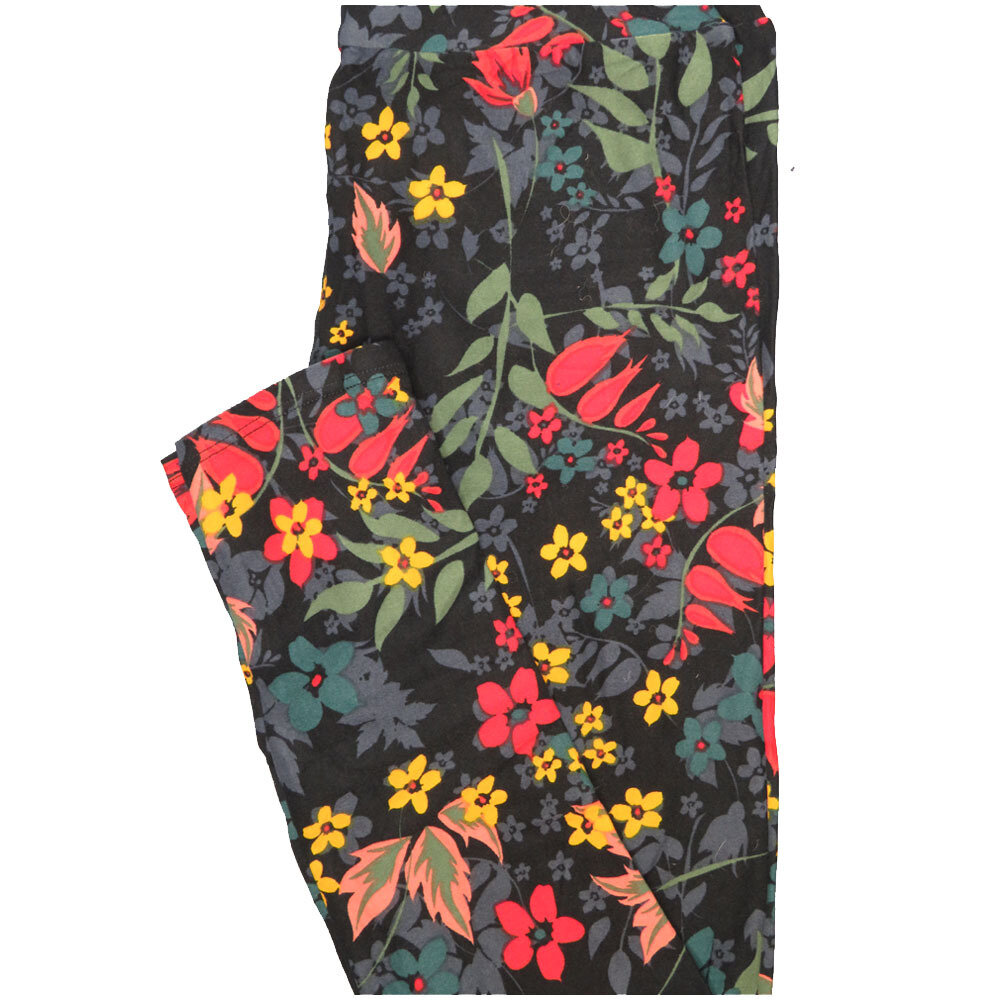 LuLaRoe One Size OS Black Pink Green Yellow Floral Leggings (OS fits Adults 2-10)