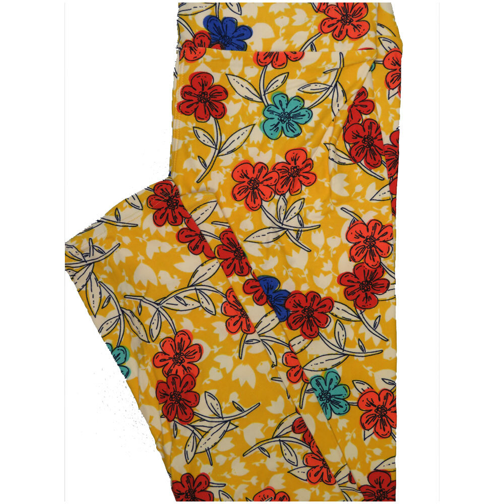 LuLaRoe One Size OS Tulips Yellow Red Blue White Floral Leggings (OS fits Adults 2-10)