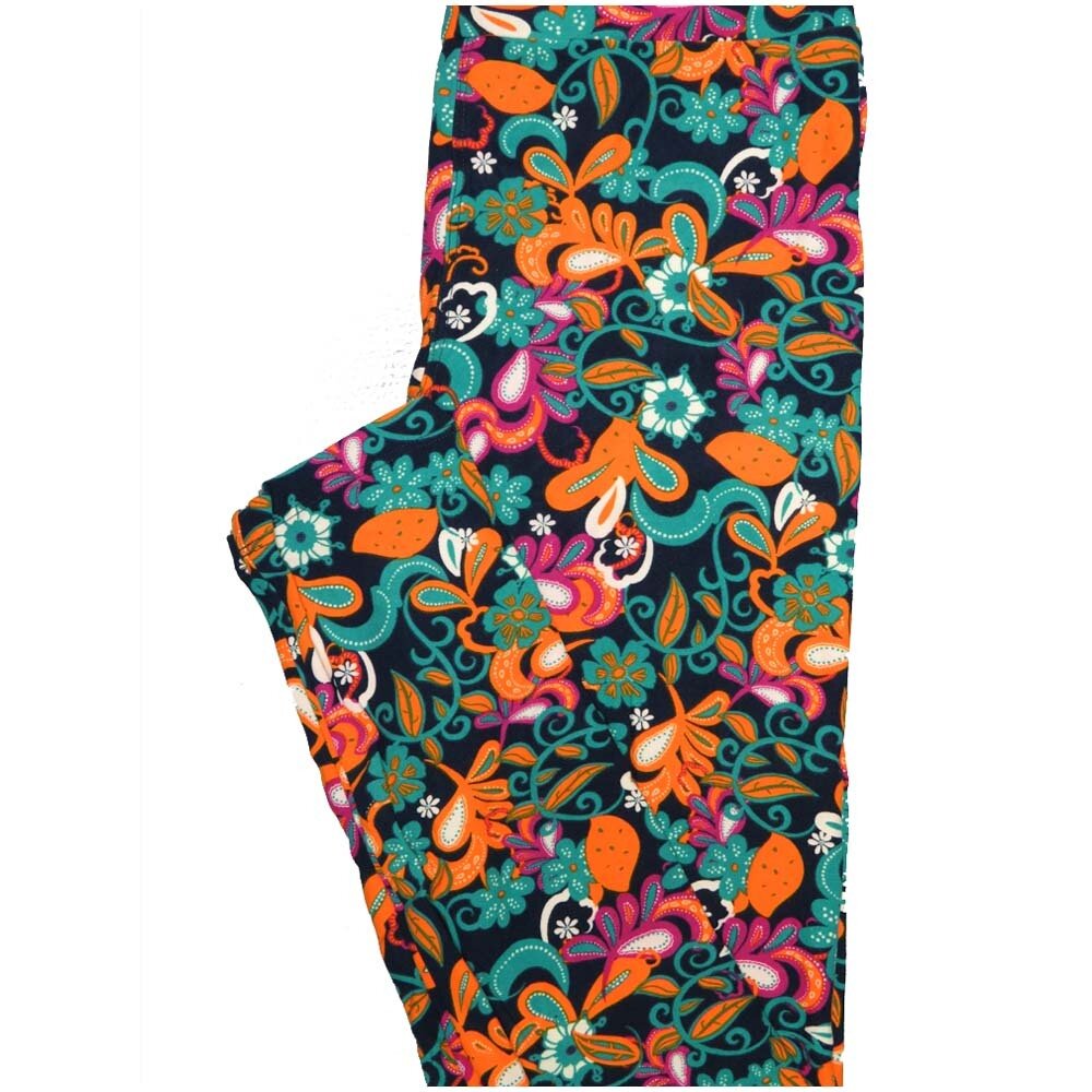 LuLaRoe One Size OS Paisley Floral Navy Orange Turquoise Leggings (OS fits Adults 2-10)