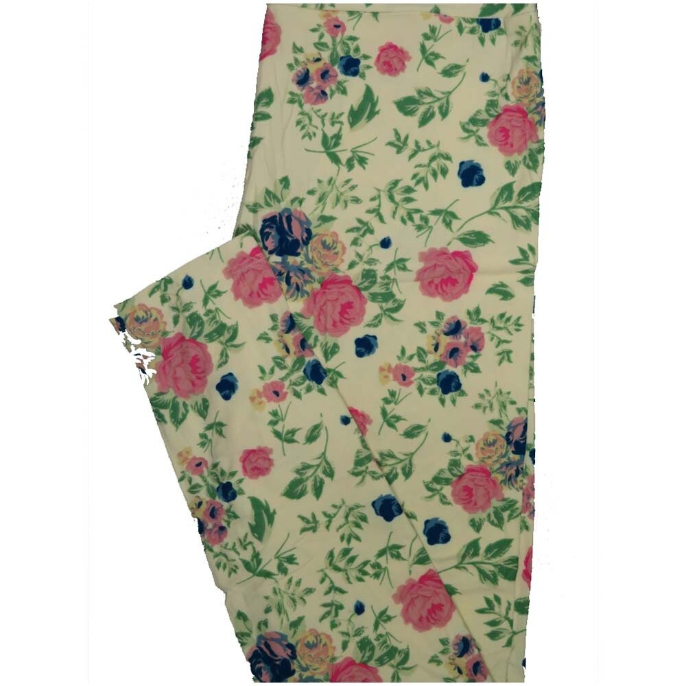 LuLaRoe One Size OS Roses Light Cream Pink Blue Green Leggings (OS fits Adults 2-10)