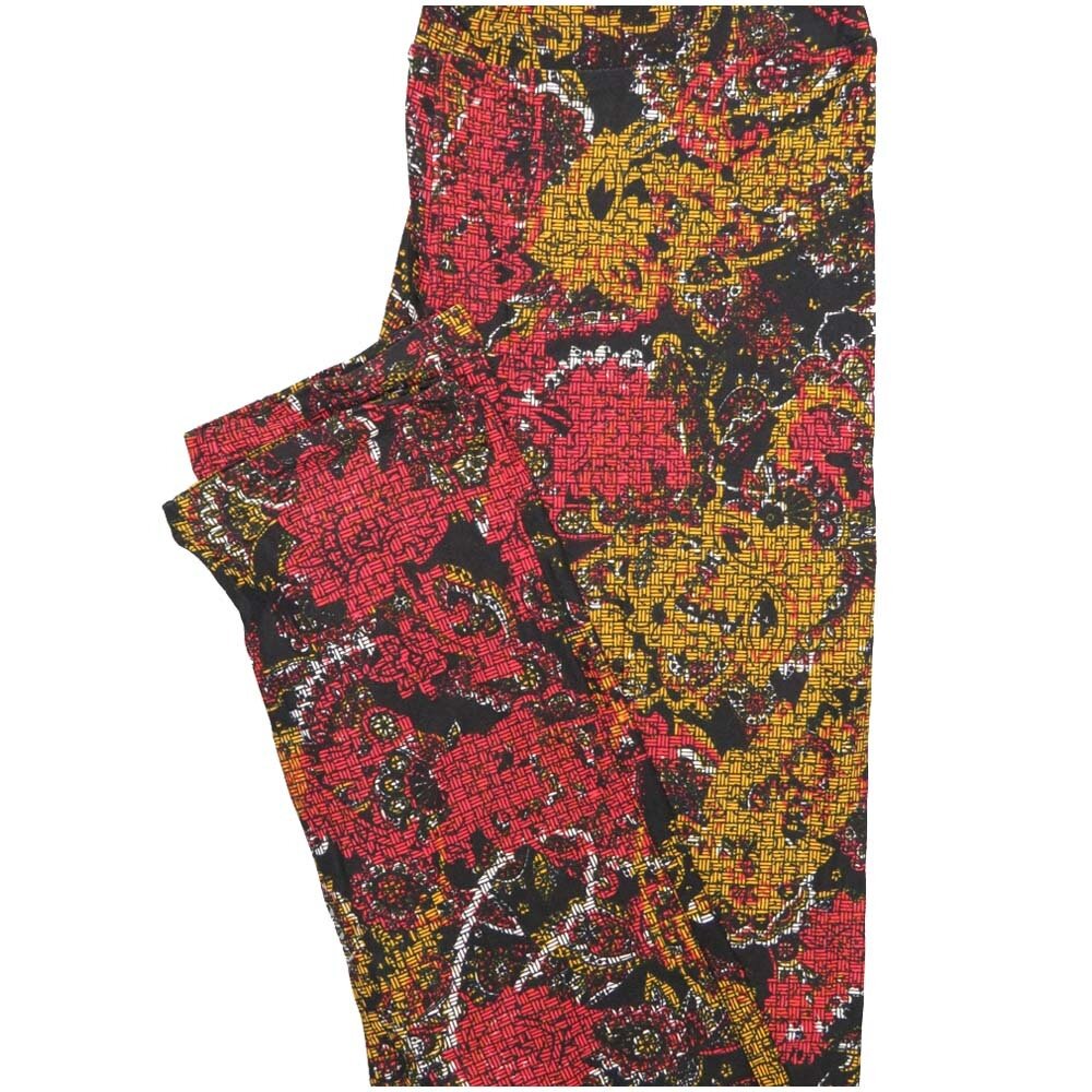 LuLaRoe One Size OS Paisley Roses Parquet Black Yellow Pink Leggings (OS fits Adults 2-10)