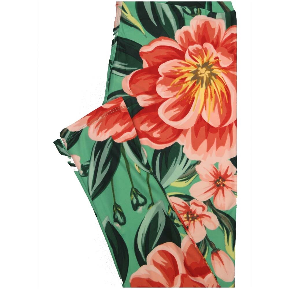 LuLaRoe One Size OS Floral Green Coral Pink Leggings (OS fits Adults 2-10)