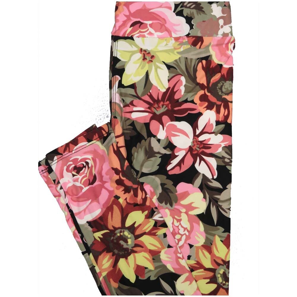 LuLaRoe One Size OS Lilies Roses Floral Black Pink Brown Yellow Leggings (OS fits Adults 2-10)