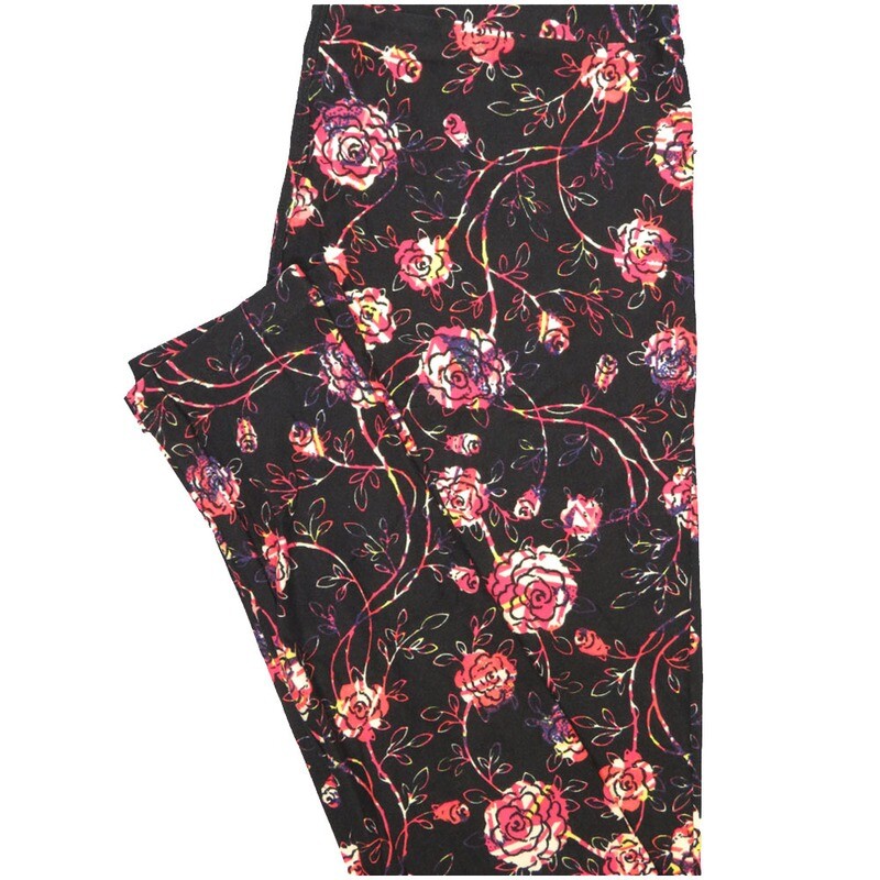 LuLaRoe One Size OS Roses Black White Pink Fucshia Leggings (OS fits Adults 2-10)