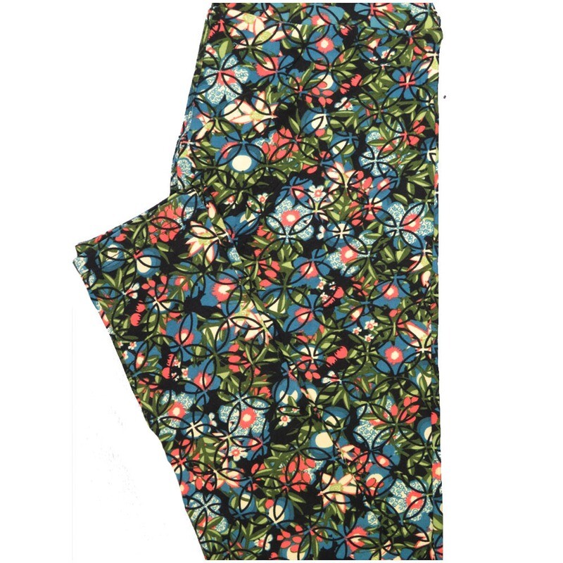 LuLaRoe One Size OS Black Teal White Peach Floral Geometric Leggings (OS fits Adults 2-10)