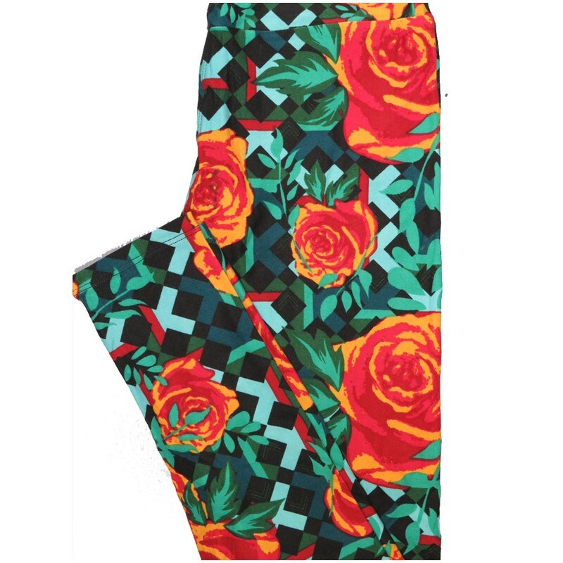 LuLaRoe One Size OS Roses Black White Orange Red Gray Geometric Leggings (OS fits Adults 2-10)