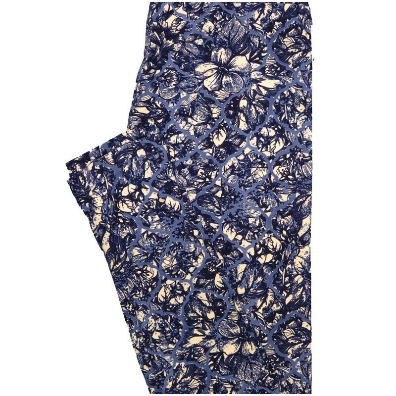 LuLaRoe One Size OS Floral Geometric Dark Blue Light Blue Off White Leggings (OS fits Adults 2-10)