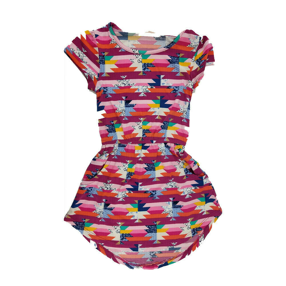 LuLaRoe Kids Mae Geometric Fuchsia Pink Blue Pocket Dress Size 2 fits Kids 2T-4