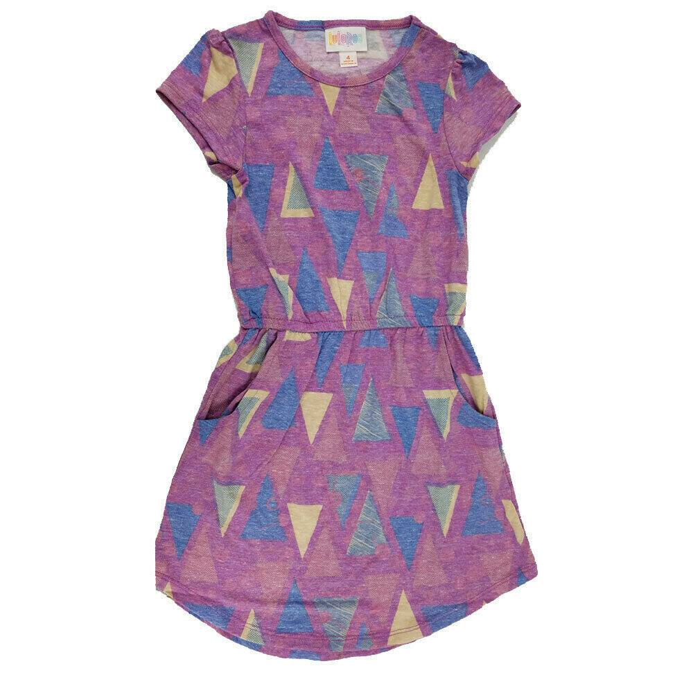 LuLaRoe Kids Mae Geometric Purple Blue Yellow Triangles Pocket Dress Size 4 fits Kids 3-4