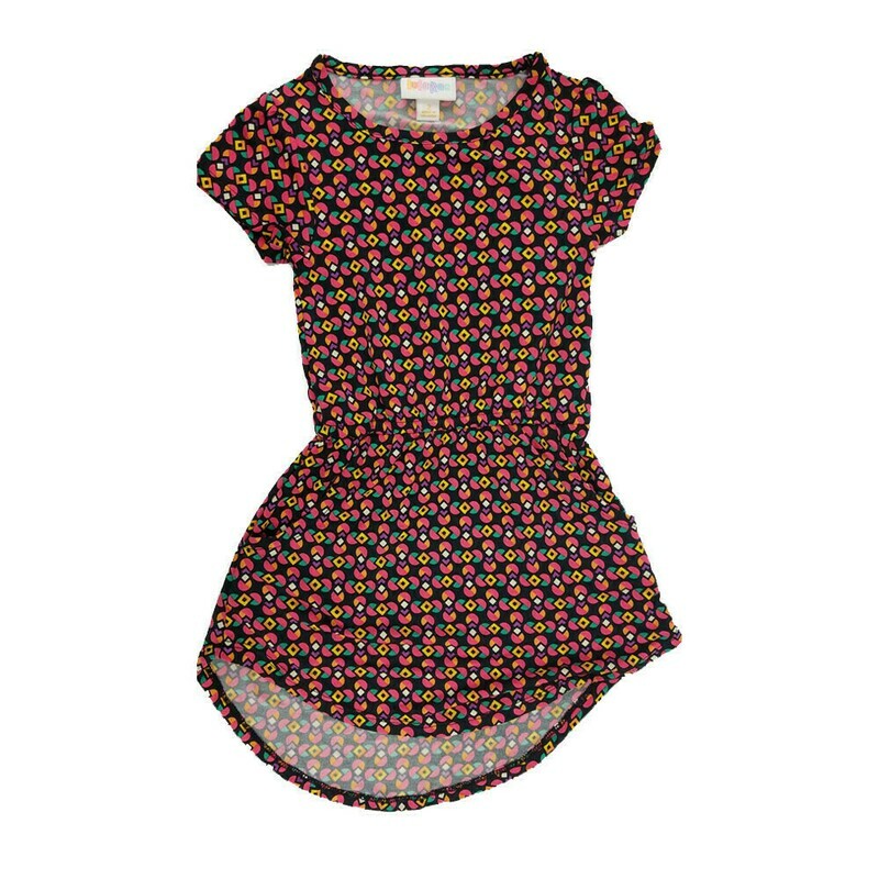 LuLaRoe Kids Mae Geometric Black Purple Pink Green Pocket Dress Size 2 fits Kids 2T-4