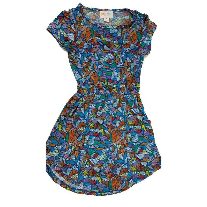 LuLaRoe Kids Mae Geometric Blue Orande Lavender Pocket Dress Size 4 fits Kids 3-4