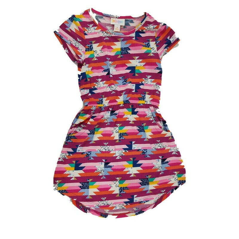 LuLaRoe Kids Mae Geometric Fuchsia Pink Blue Pocket Dress Size 4 fits Kids 3-4