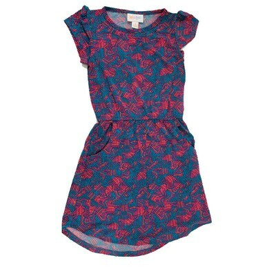 LuLaRoe Kids Mae Geometric Blue Dark Pink Pocket Dress Size 4 fits Kids 3-4