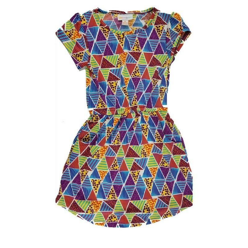 LuLaRoe Kids Mae Geometric Blue Yellow Red Pocket Dress Size 4 fits Kids 3-4