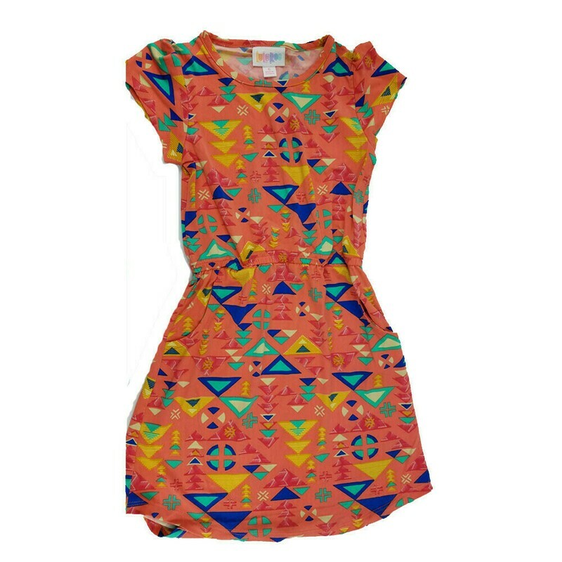 LuLaRoe Kids Mae Geometric Coral Blue Yellow Pocket Dress Size 6 fits Kids 5-6