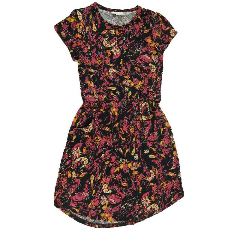 LuLaRoe Kids Mae Floral Black Pink Pocket Dress Size 8 fits Kids 7-8