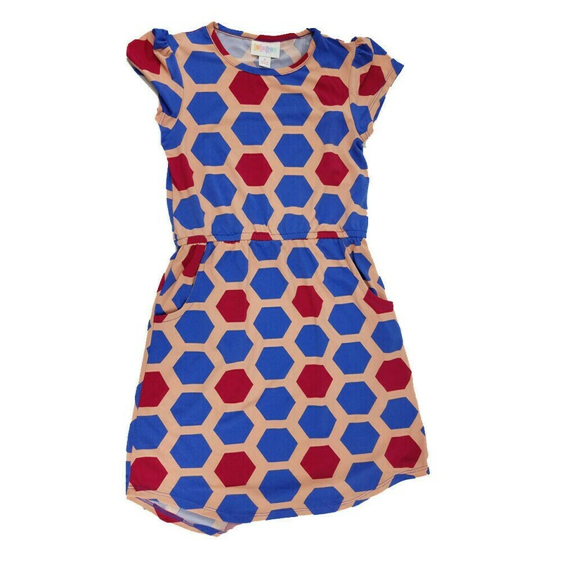LuLaRoe Kids Mae Geometric Coral Blue Pink Hexagon Polka Dot Pocket Dress Size 8 fits Kids 7-8
