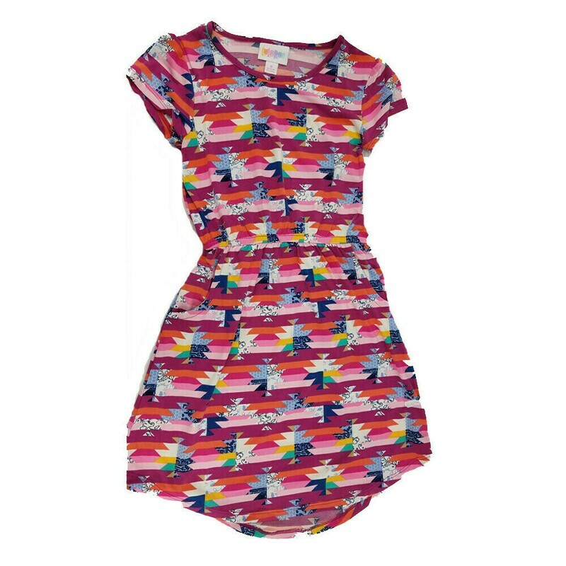 LuLaRoe Kids Mae Geometric Fuchsia Pink Blue Pocket Dress Size 8 fits Kids 7-8