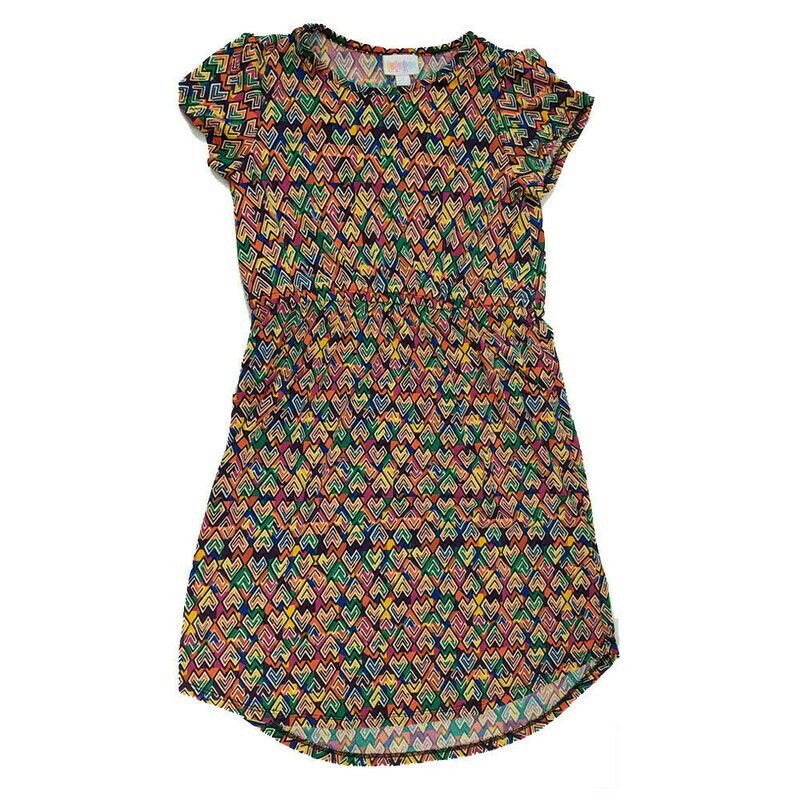 LuLaRoe Kids Mae Geometric Dark Blue Yellow Orange Pocket Dress Size 12 fits Kids 12-14