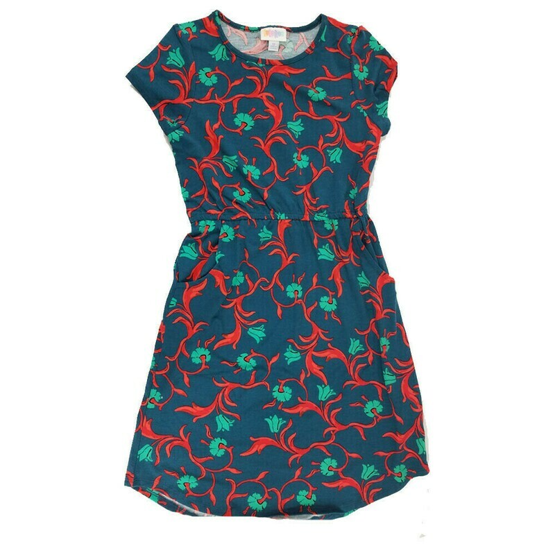 LuLaRoe Kids Mae Floral Dark Blue Red Pocket Dress Size 12 fits Kids 12-14