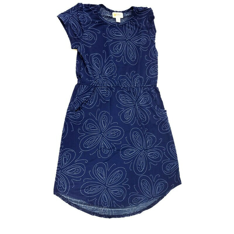 LuLaRoe Kids Mae Floral Dark Blue White Pocket Dress Size 12 fits Kids 12-14