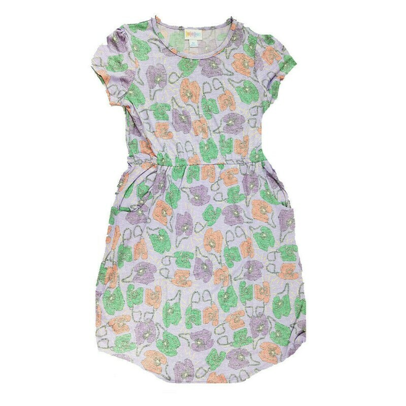 LuLaRoe Kids Mae Gray Lavender Purple Telephones Pocket Dress Size 12 fits Kids 12-14