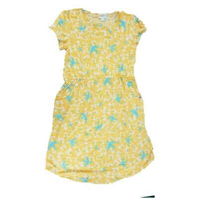 LuLaRoe Kids Mae Yellow Light Blue Birds Pocket Dress Size 12 fits Kids 12-14